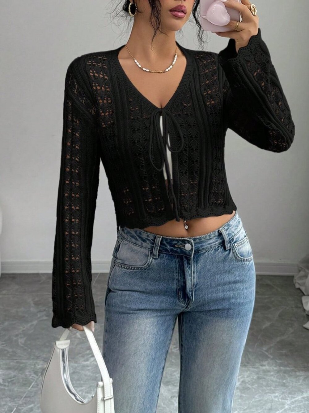 black Casual Women's Elegant Flared Sleeve Tie-Front Hollow Out Cardigan - Picture 4 of 8